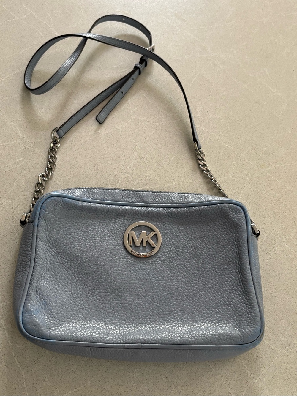 Michael Kors Fulton Pebbled Leather Large Crossbody Bag Slate Blue (Flawed Edges